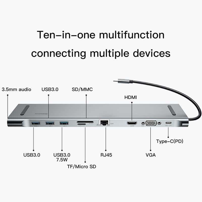 Multi 10 in1 USB Type C HUB - HDMI, VGA, SD/MMC, Micro SD, USB 3 ports - pepmyphone